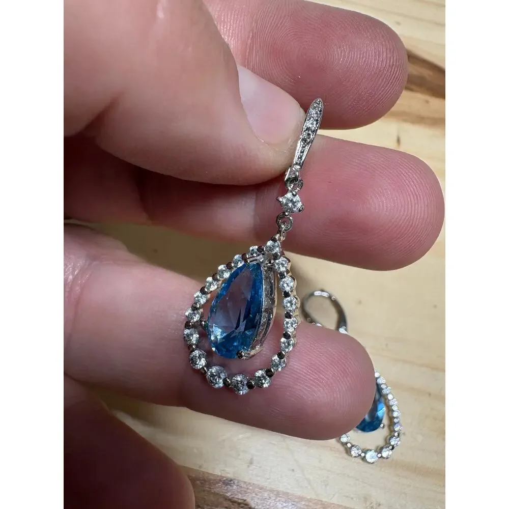 Blue Rhinestone Teardrop Dangle Leverback Earrings